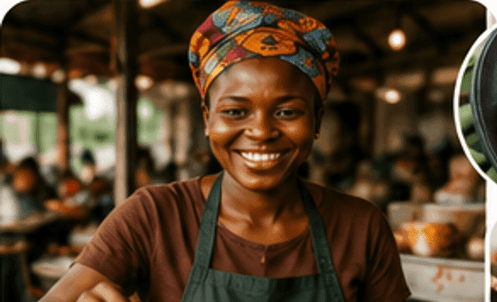 Smiling local food vendor serving a meal